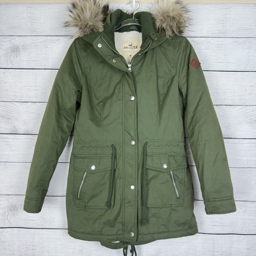 Hollister Vtg Y2K Army Green Fur Hood Jacket Size Medium‎ Outdoors Preppy Retro
